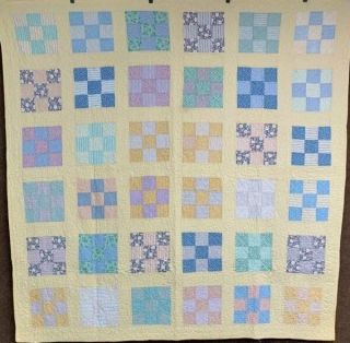 Yellow C 30s Nine Patch Vintage Quilt Quilting