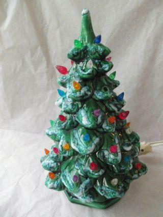 Vtg Ceramic Christmas Tree Green Lights Up One Piece Frosted Tips 11 1/2 "