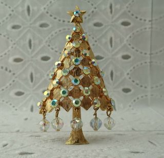Vintage Mylu Brushed Gold Tone Ab Rhinestone Dangling Crystal Christmas Tree Pin