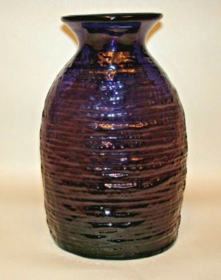 Vintage Blenko Handcraft Purple Art Glass Textured Ribbed Vase 8 1/2 Tall