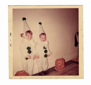 Vintage Photo Sweet Girl & Boy Dressed As Clowns For Halloween 1960 