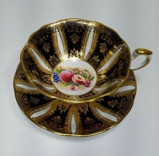Vintage Bone China Gold & Black Paragon Footed Teacup Cup And Saucer With Fruit