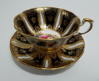 Vintage Bone China Gold & Black Paragon Footed Teacup Cup and Saucer With Fruit 2
