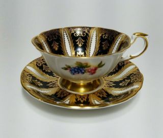 Vintage Bone China Gold & Black Paragon Footed Teacup Cup and Saucer With Fruit 3