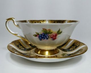 Vintage Bone China Gold & Black Paragon Footed Teacup Cup and Saucer With Fruit 4
