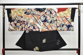 Vintage Silk Kimono Jacket:classic Gold& Silver Tsunami Wave/chrysanthemum@yl61