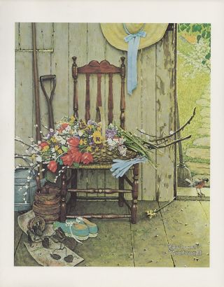 1977 Vintage " Spring Flowers " Norman Rockwell Mini Poster Color Art Lithograph