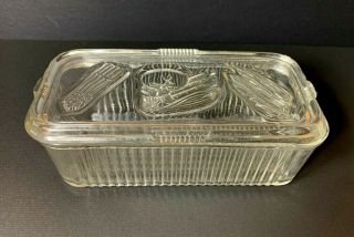 Vintage Federal Clear Glass Ribbed Refrigerator Vegetable Dish W/ Lid 8 1/2 " X 4