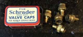 Vintage 5 Schrader Valve Caps Brass - In Tin Box