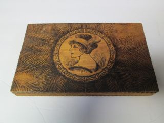 Vintage Pyrography Wooden Hinged Lidded Box With Womans Picture