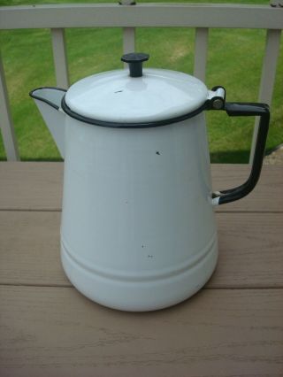 Vintage Large White & Black Enamel Coffee Pot Kettle Hinged Lid