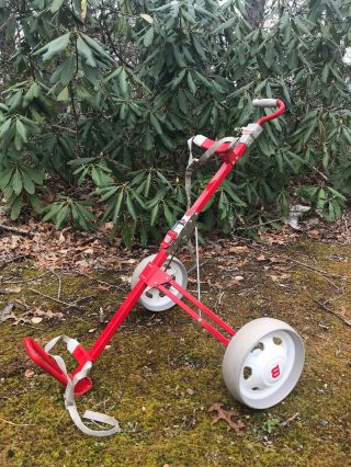 Vtg Wilson Push / Pull Cart For Golf Bag 2 Wheels Collapsible Portable Red White