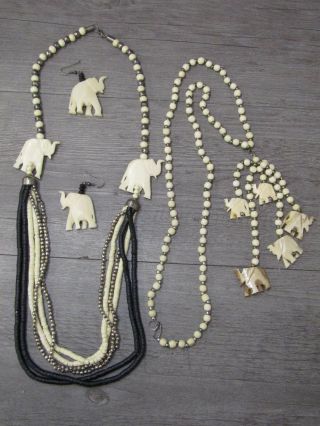 Vintage Costume Jewelry Set Carved Bead Elephant Necklaces Earrings