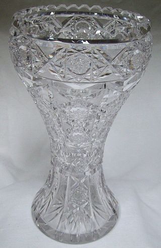 Vintage American Brilliant Period Cut Glass Corset Vase Star Fan Saw Tooth 10 "
