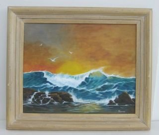 Ocean Waves Crashing At Sunset Vintage Oil Painting Signed Yasana Framed 21x25