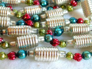 2 Vtg Christmas Feather Tree Garlands Silver Ribbed Barrels Colored Beads 176 "
