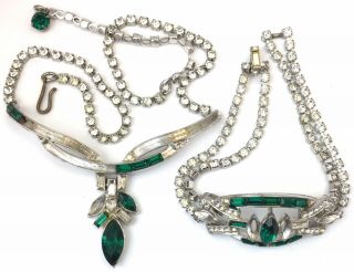 Vintage Coro Jewelry Set Green Baguette Rhinestone Clear - Needs Tlc Or Craft