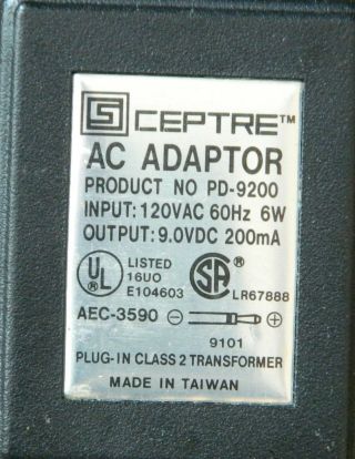 Vintage Ceptre AC Adapter Input 120 VAC Out 9 VDC 200 mA 4