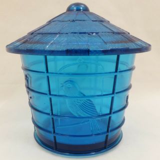 Vintage Imperial Teal Electric Blue Glass Bird Cage Covered Jar Canister Summit