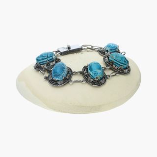 Vintage / Sterling Silver Egyptian Turquoise Scarab Beetle / Bracelet 7“ (25.  5g)