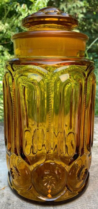 Vintage L.  E.  Smith Moon & Stars Canister Apothecary Jar Gold Amber Glass Large