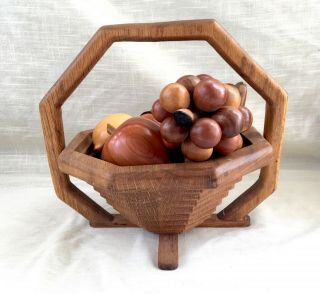 Vintage Carved Tiered Wood Basket W/handle & Carved Wooden Fruit