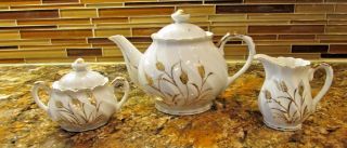 Lefton Golden Wheat Vtg Porcelain China Teapot,  Creamer & Sugar Bowl