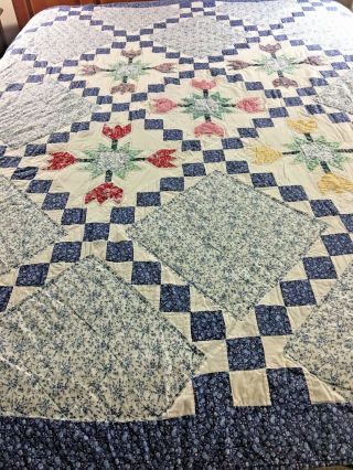 Vintage Hand Crafted & Quilted Tulip Wheel Irish Chain Quilt 79 " X 81 "