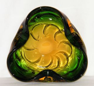 Vintage Hand Blown Murano Green & Yellow Art Glass Ashtray/dish Polished Base Ex