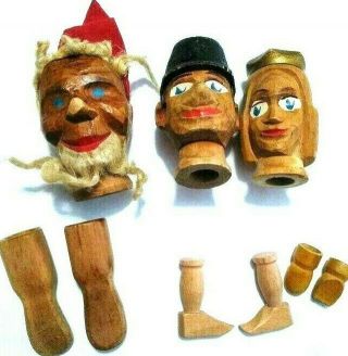 Vintage Wooden Punch And Judy Heads Hand Painted Queen Cop Santa 4 In Distressed