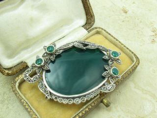 Vintage Sterling Silver 925 & Marcasite Green Agate Brooch Pin