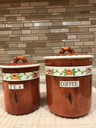 Vintage Canister Set By Orchard Ware Wood Themed Coffee And Tea Jars By P.  Y.
