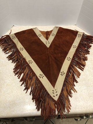 Native American Vintage Womens Hide Poncho Indian Handmade Brown