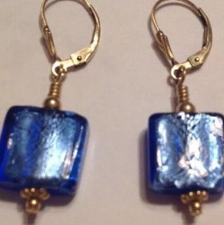 Vintage 120/14k Yellow Gold - Blue Iridescent Glass Earrings