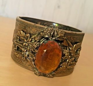 Vintage Hand Hammered Engraved Brass Cuff Bangle Bracelet With Amber Glass Bead