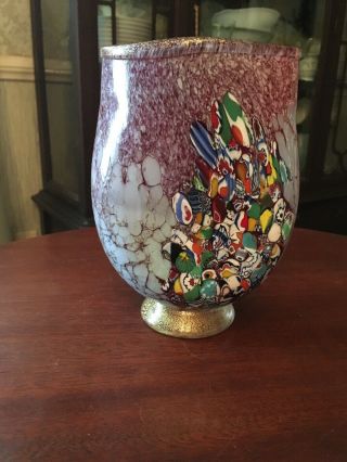 Vintage Murano Italy Art Glass Gold Multi Color Vase Signed,  Red Millefori