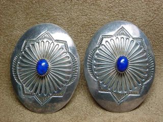 Big Vintage Navajo Native American Sterling Silver Lapis Concho Clip - On Earrings