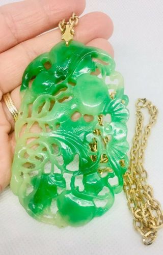 Huge Faux Jade Necklace Carved Celluloid Acrylic Pendant 3 1/2” Vintage Jewelry