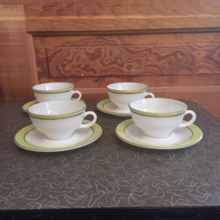 Vintage Pyrex Lime Green With Gold Trim Cup And Saucer Set Of 4