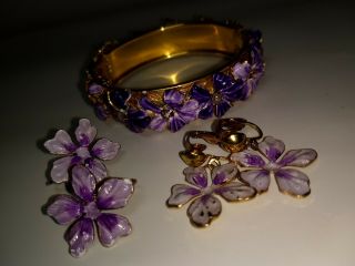 Vintage Sandor Signed Enamel Rhinestone Bracelet Set Earrings Purple