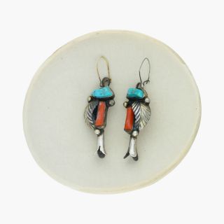 Navajo / Sterling Silver Vtg Turquoise & Coral Squash Blossom / Earrings (11.  3g)