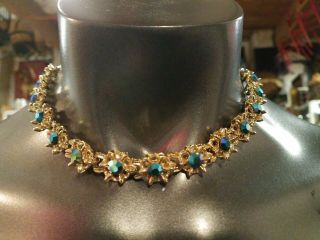 Gorgeous Vintage Gold Tone Blue Aurora Borealis Flower Rhinestone Necklace Gz1