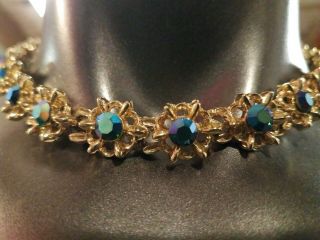 Gorgeous Vintage Gold Tone Blue Aurora Borealis Flower Rhinestone Necklace GZ1 2