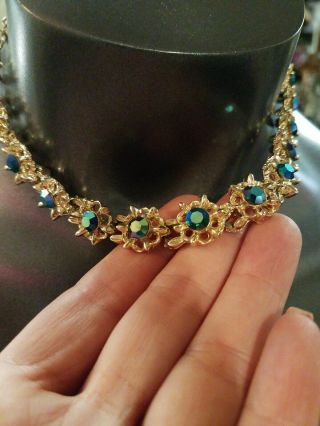 Gorgeous Vintage Gold Tone Blue Aurora Borealis Flower Rhinestone Necklace GZ1 4