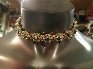 Gorgeous Vintage Gold Tone Blue Aurora Borealis Flower Rhinestone Necklace GZ1 6