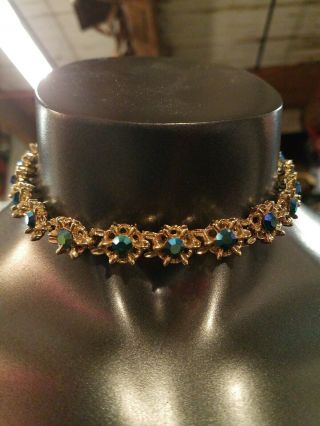 Gorgeous Vintage Gold Tone Blue Aurora Borealis Flower Rhinestone Necklace GZ1 7