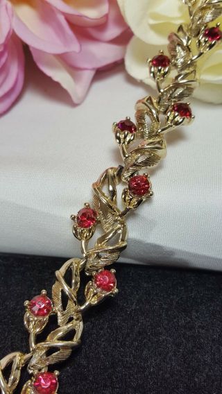 Vintage Estate Gold Cherry Strawberry Vine Red Rhinestone Bracelet