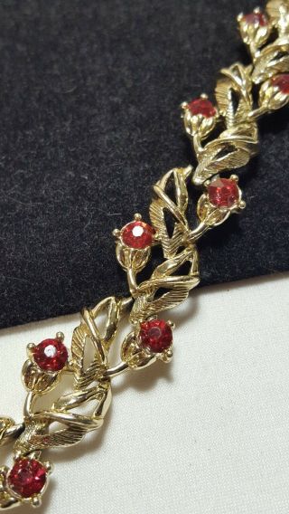Vintage Estate Gold Cherry Strawberry Vine Red Rhinestone Bracelet 7