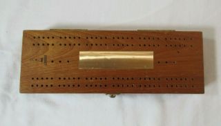 Vintage Wood Cribbage Board Box W/ Dominoes,  Playing Cards & Metal Pegs