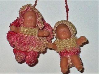 Vtg Miniature Plastic Babies Boy & Girl Twins In Hand Crocheted Clothes Pin